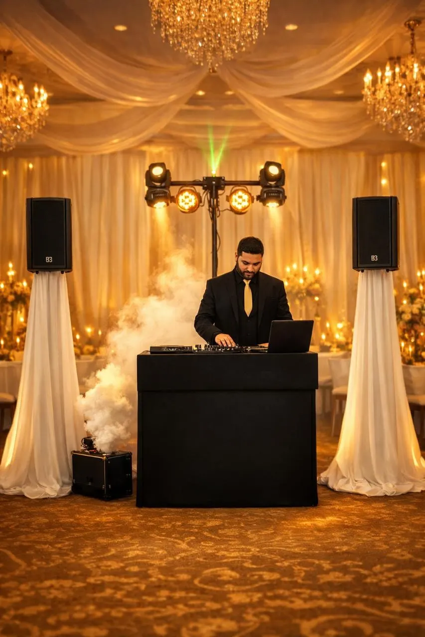 DJ de Golden Artists con montaje de sonido e iluminación en una boda en Bogotá
