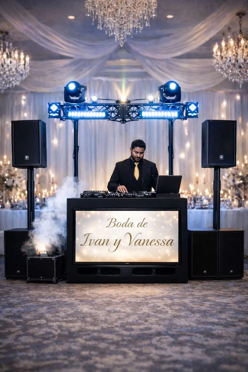 Cabina de DJ con pantalla personalizada con el nombre de los novios